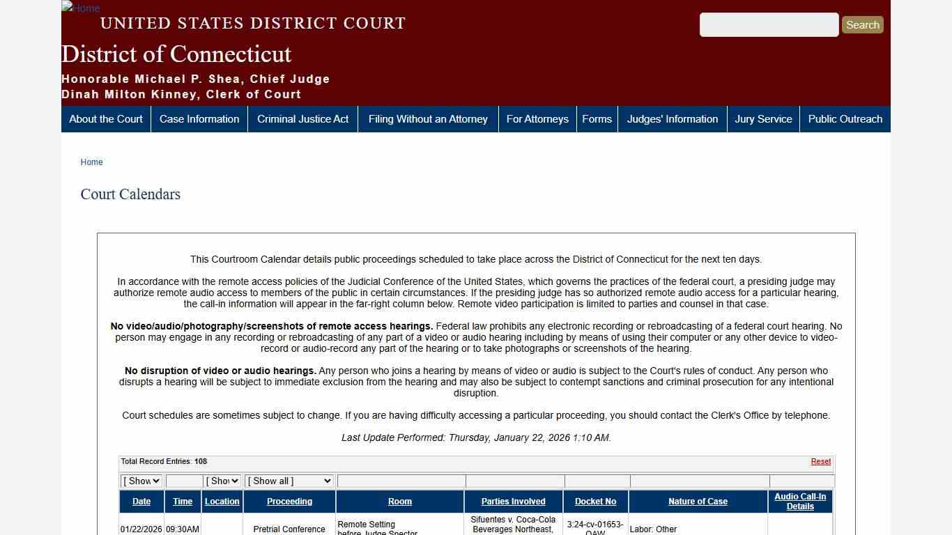 Court Calendars | District of Connecticut | United States District Court